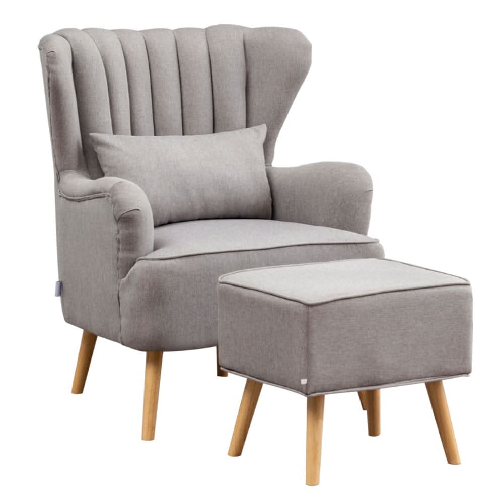Contemporary Wing Back Armchair and Ottoman Set with Cushion and Footstool