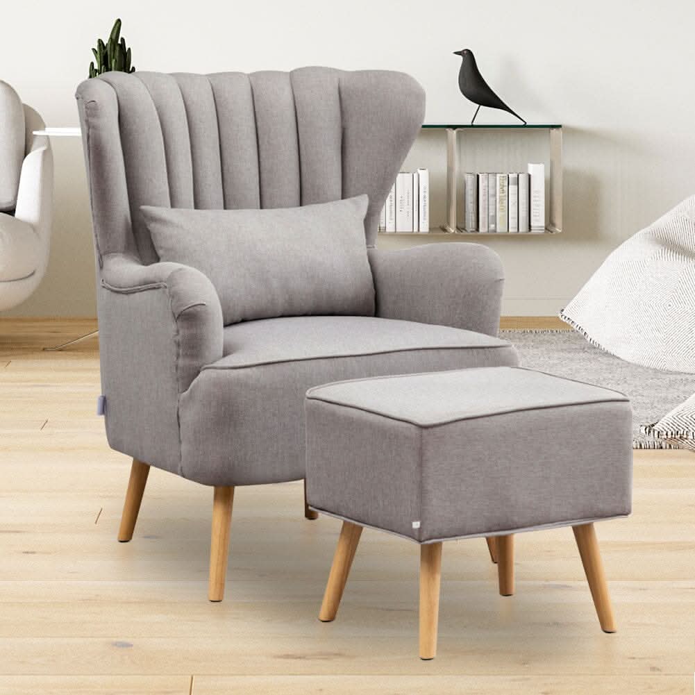 Contemporary Wing Back Armchair and Ottoman Set with Cushion and Footstool