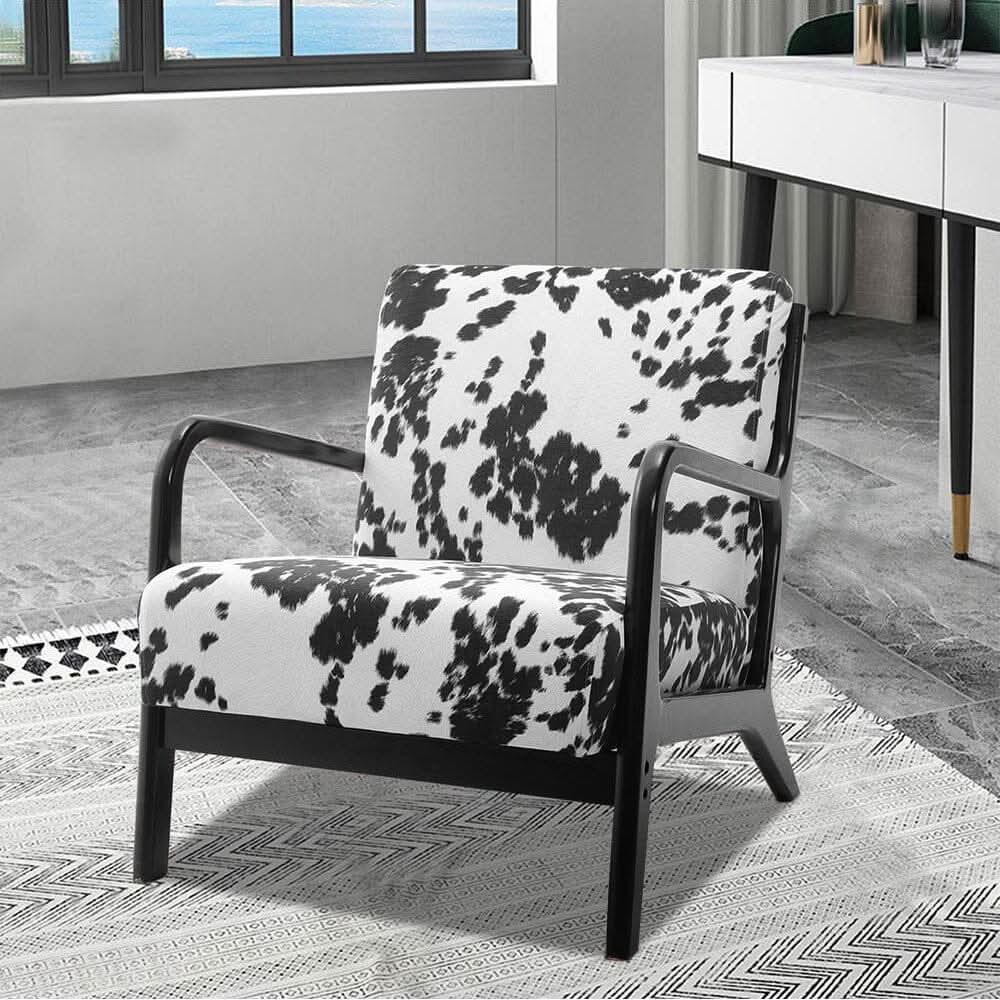 Cow Print Accent Chair with Solid Wood Arms & Scandi Design
