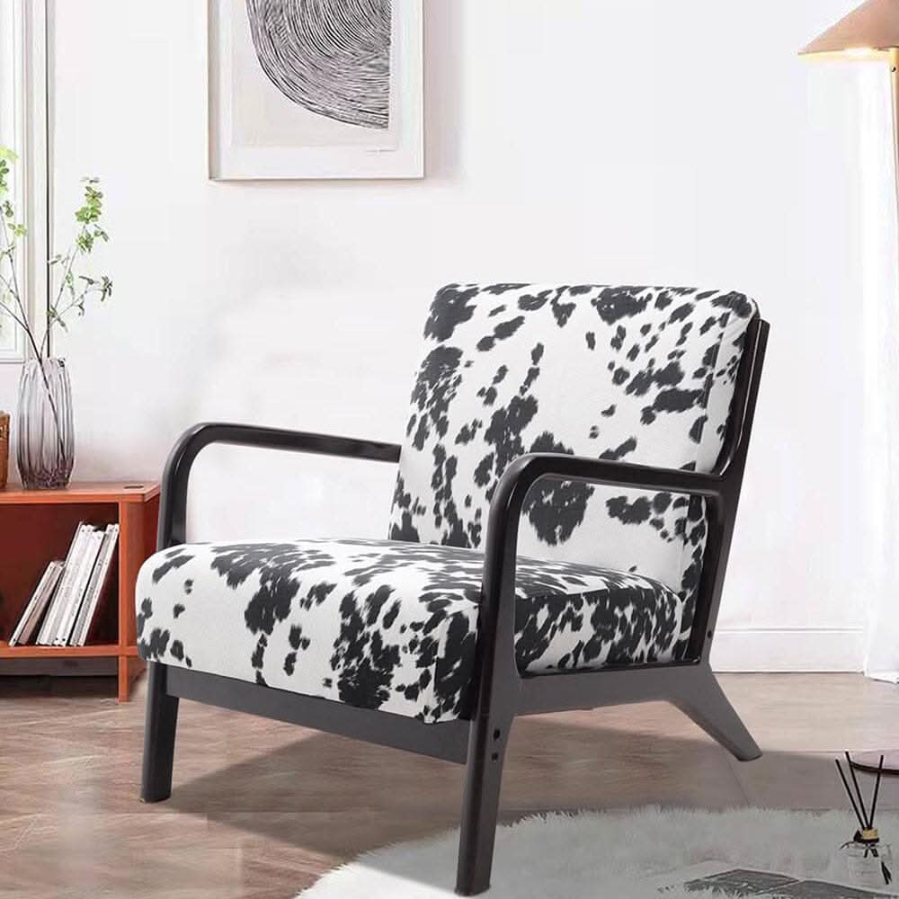 Cow Print Accent Chair with Solid Wood Arms & Scandi Design