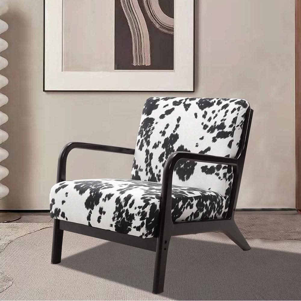 Cow Print Accent Chair with Solid Wood Arms & Scandi Design