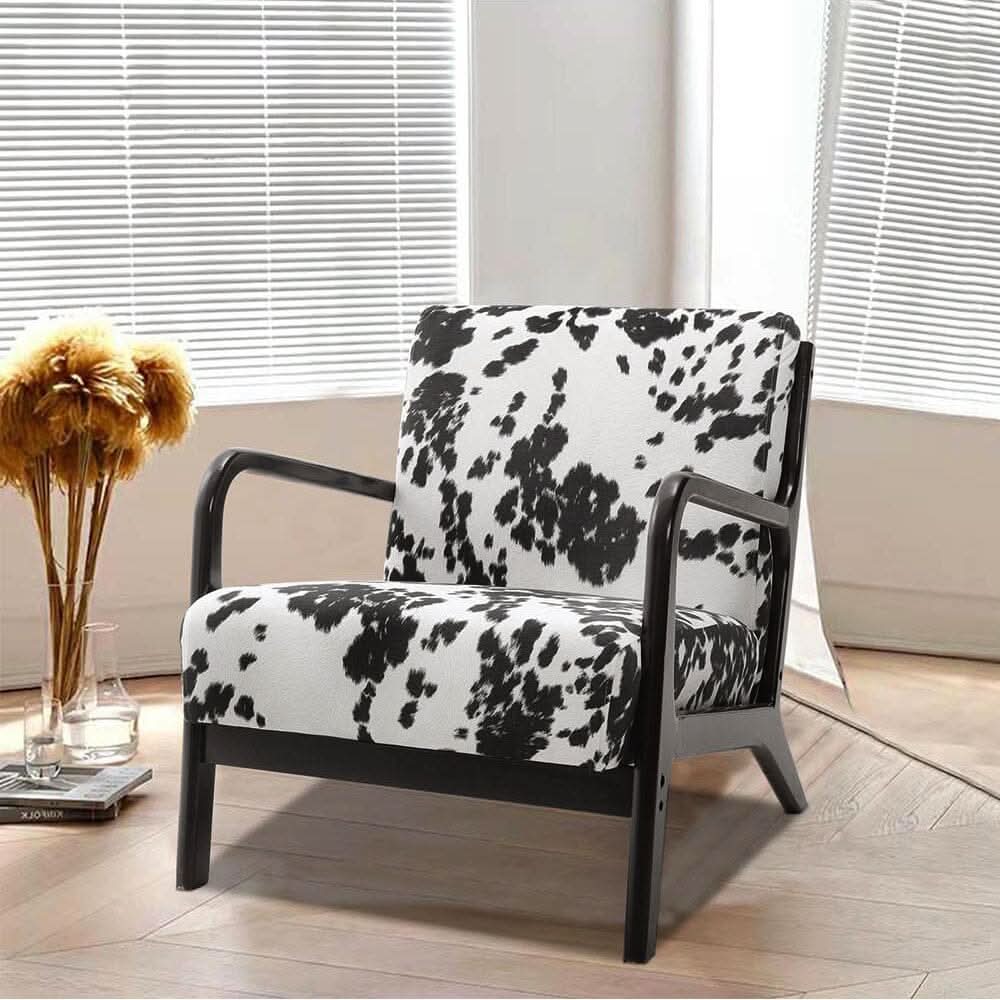 Cow Print Accent Chair with Solid Wood Arms & Scandi Design