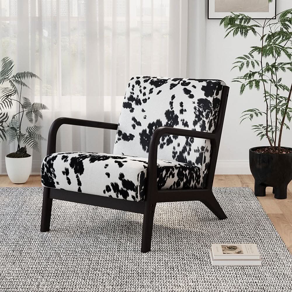Cow Print Accent Chair with Solid Wood Arms & Scandi Design