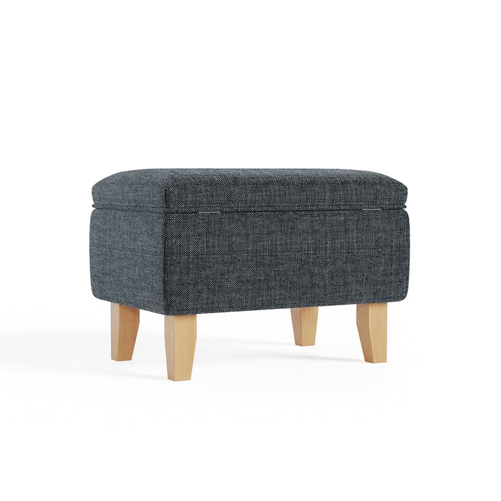 Dark Grey Linen Small Storage Ottoman with Natural Rubber Wood Legs