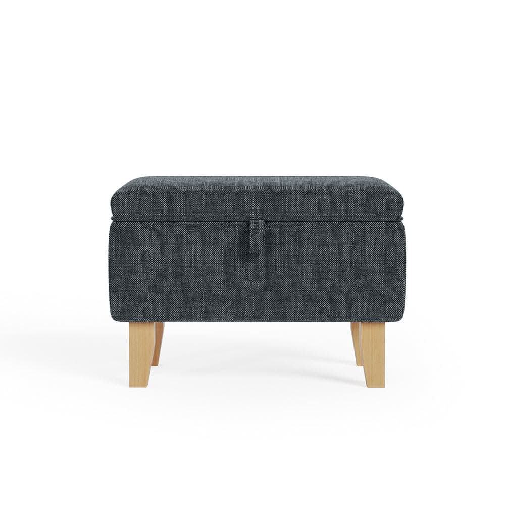 Dark Grey Linen Small Storage Ottoman with Natural Rubber Wood Legs