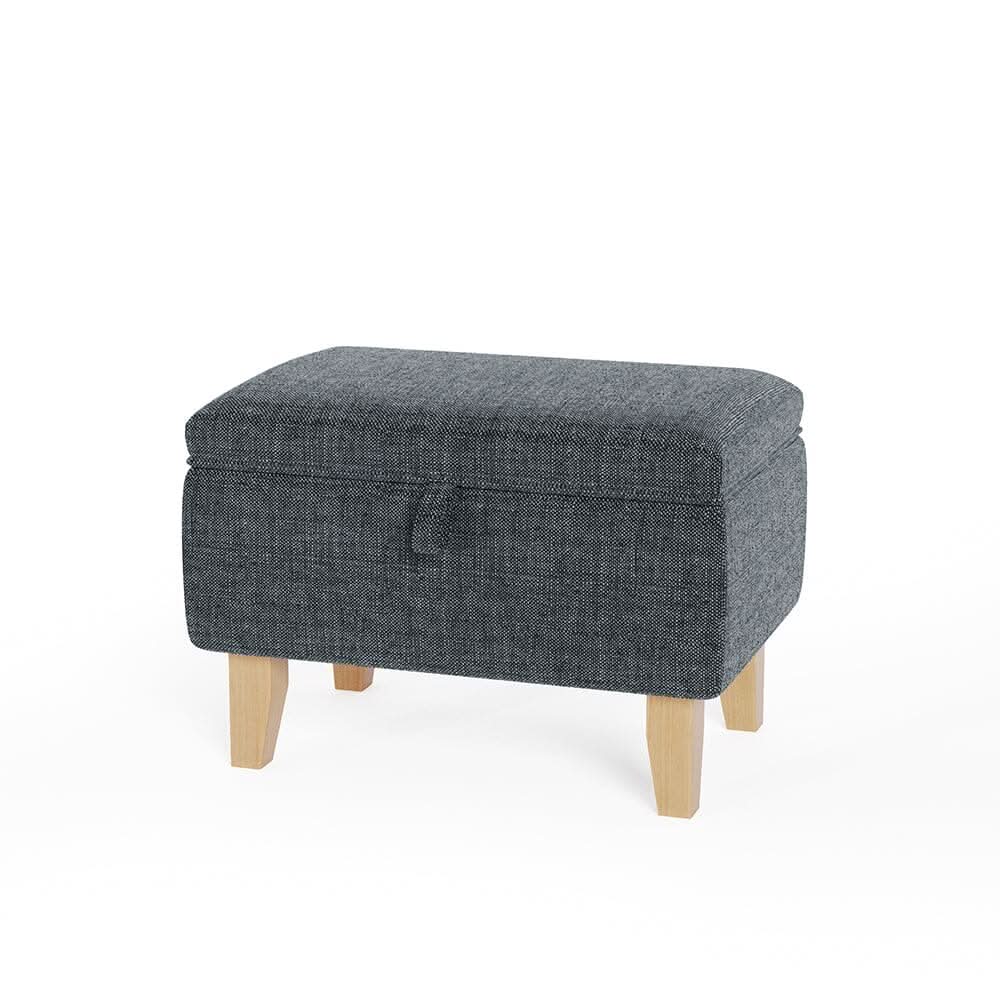 Dark Grey Linen Small Storage Ottoman with Natural Rubber Wood Legs