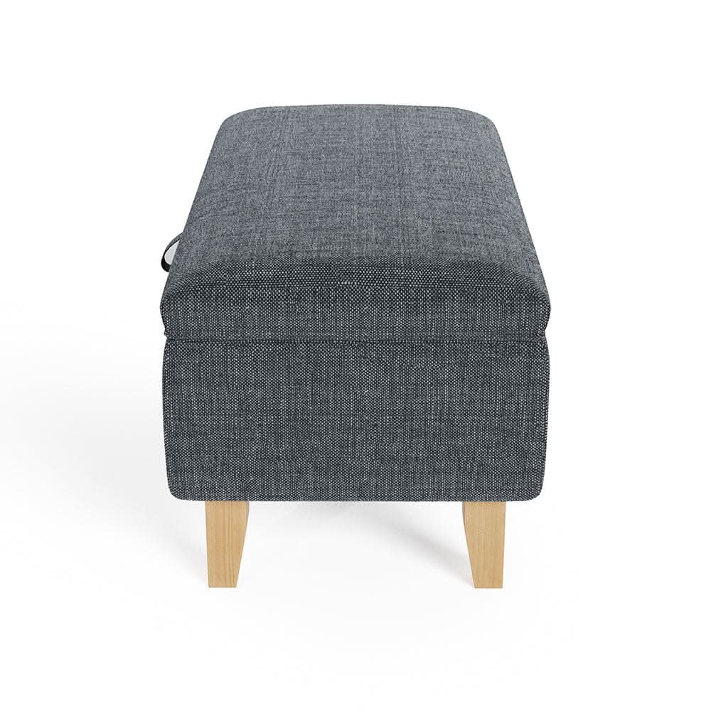 Dark Grey Linen Large Storage Ottoman with Natural Rubber Wood Legs