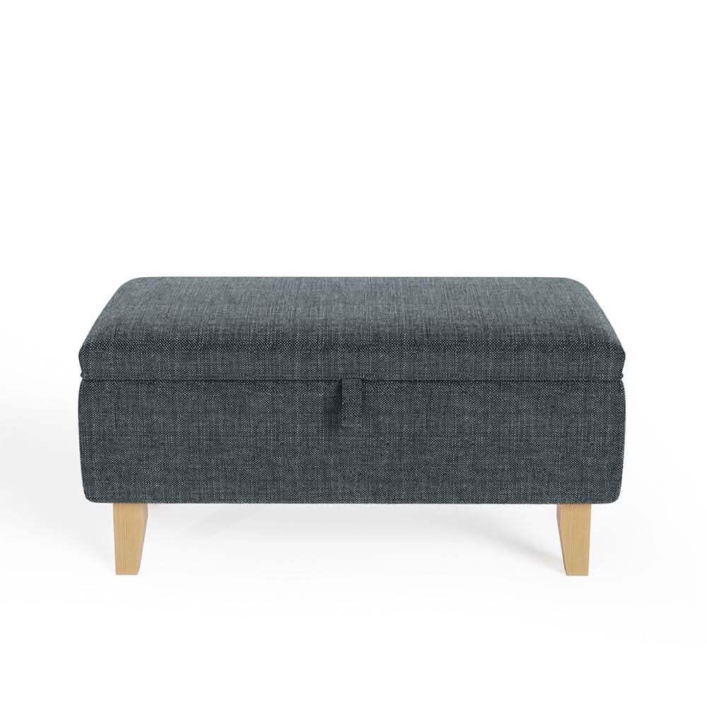 Dark Grey Linen Large Storage Ottoman with Natural Rubber Wood Legs
