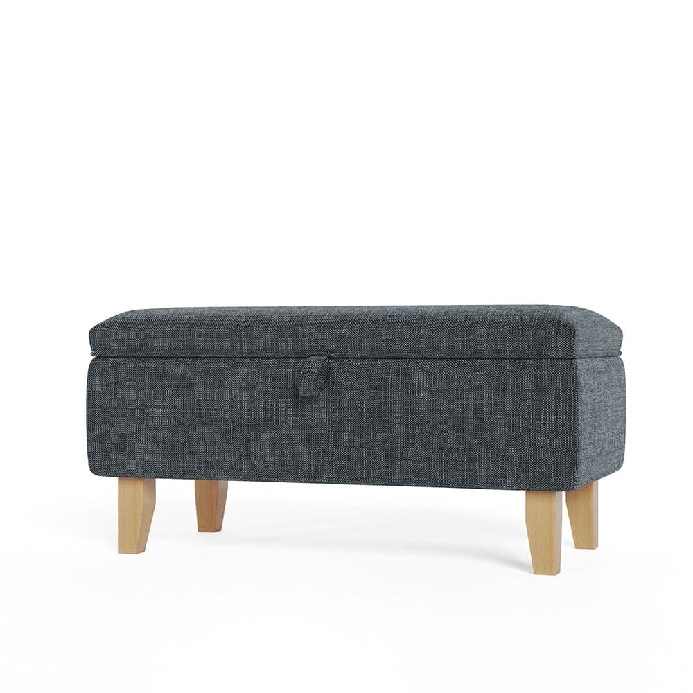 Dark Grey Linen Large Storage Ottoman with Natural Rubber Wood Legs