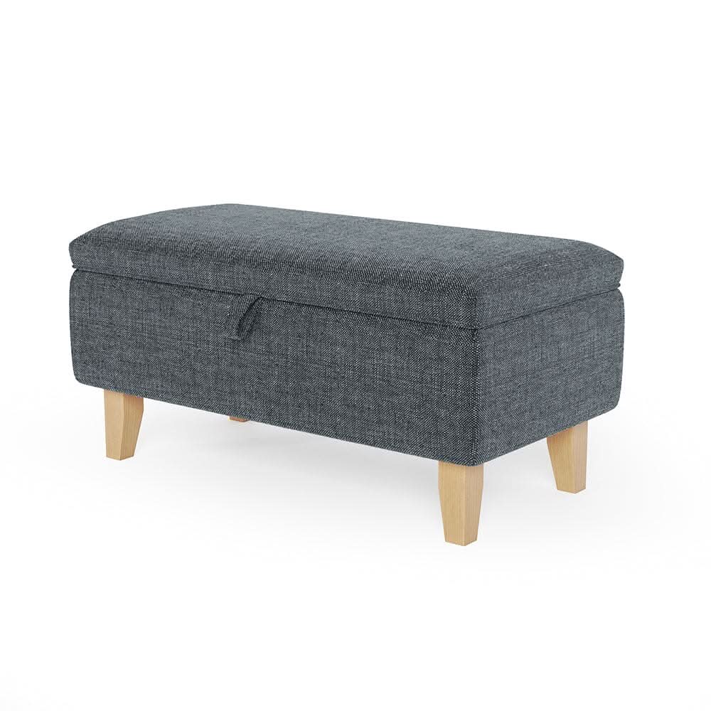 Dark Grey Linen Large Storage Ottoman with Natural Rubber Wood Legs