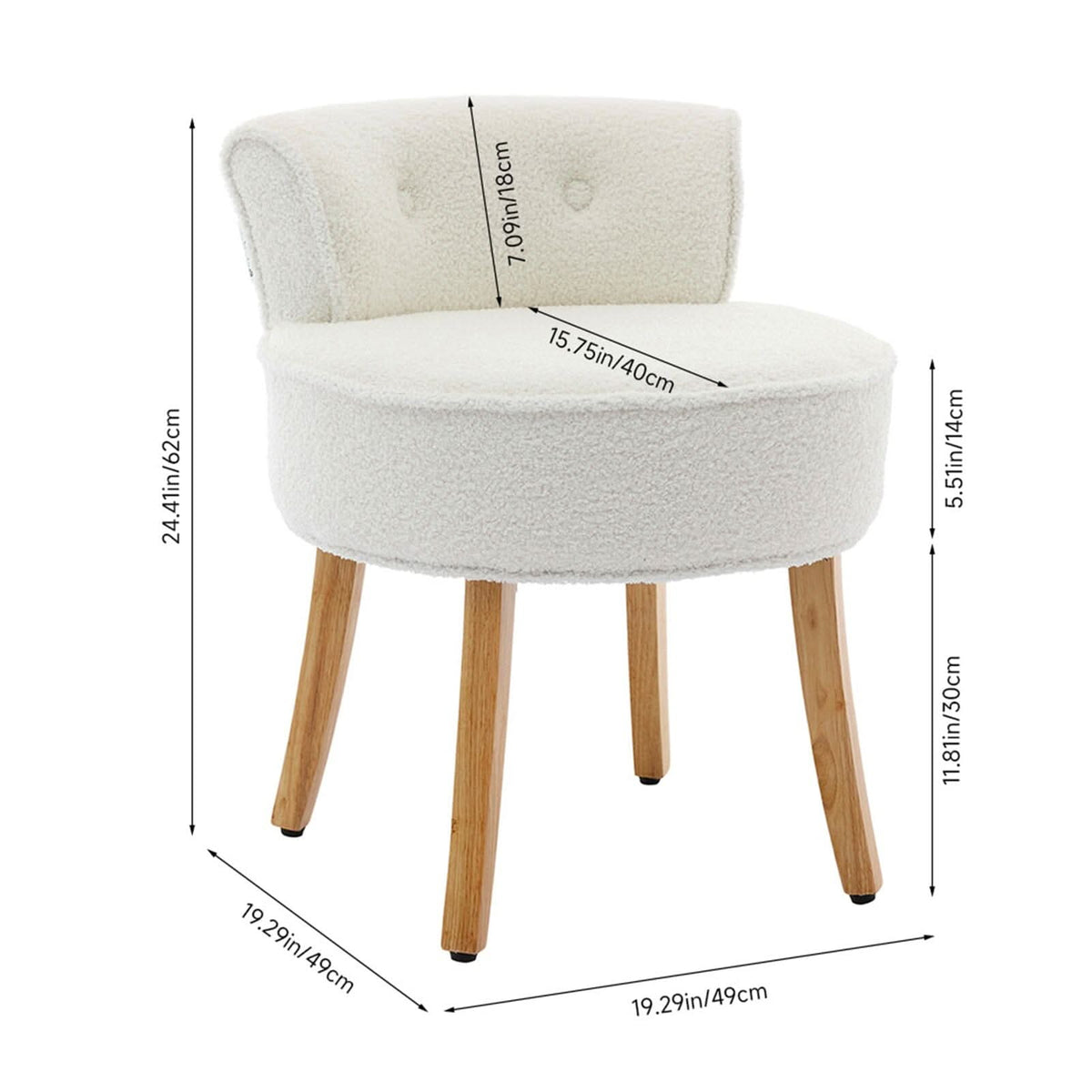 Teddy Fabric Vanity Stool with Button-Tufted Backrest