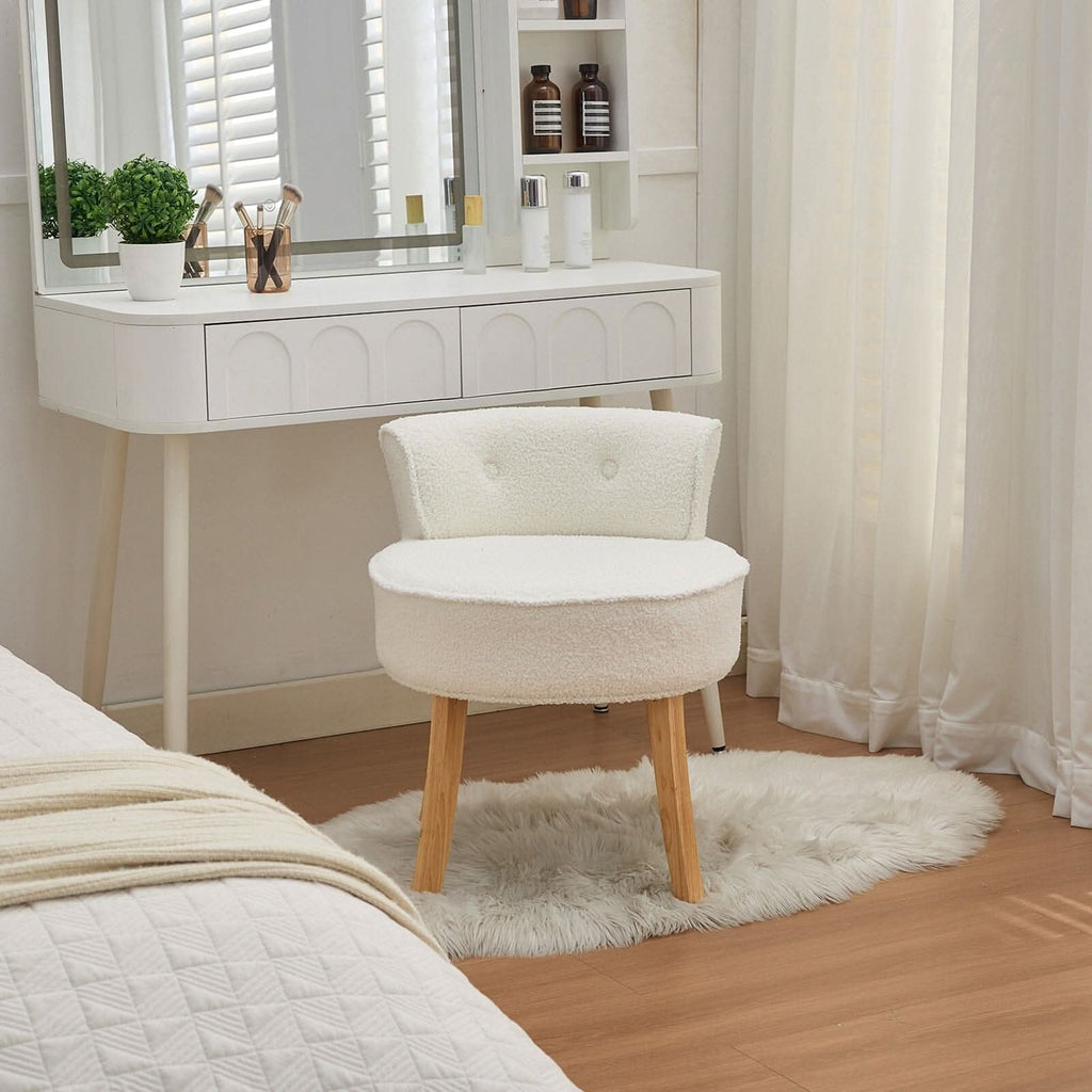 Teddy Fabric Vanity Stool with Button-Tufted Backrest