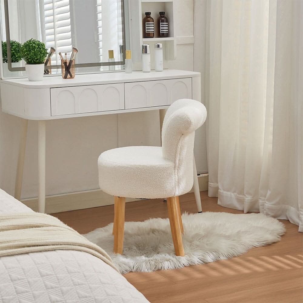Teddy Fabric Vanity Stool with High Backrest and Rubber Wood Legs