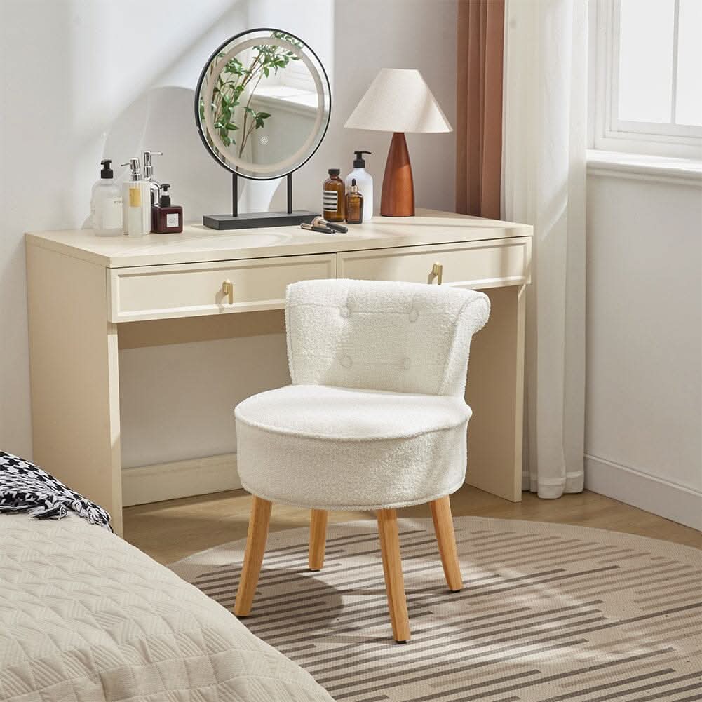 Teddy Fabric Vanity Stool with Button-Tufted High Backrest