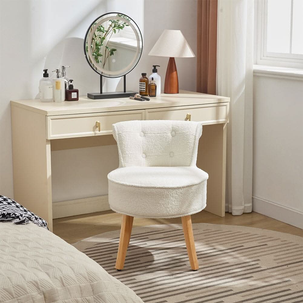 Teddy Fabric Vanity Stool with Button-Tufted High Backrest