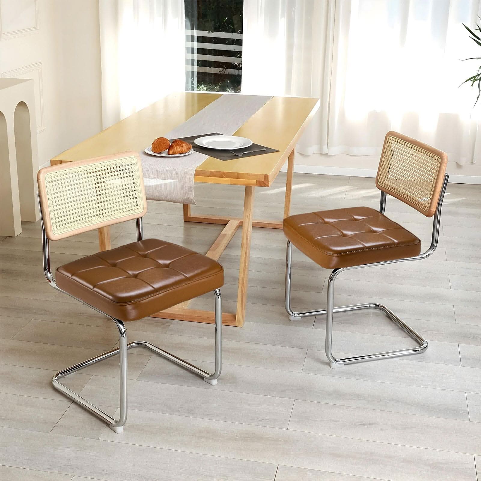 Rattan Back Dining Chair Metal Leg Pair Seating