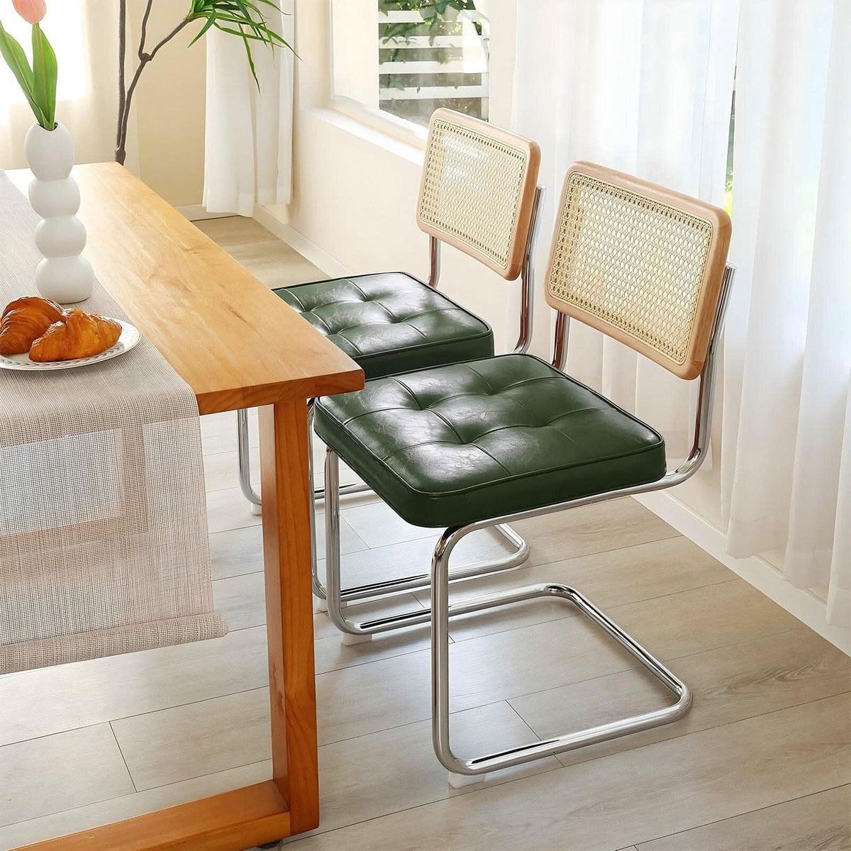 Rattan Back Dining Chair Metal Leg Pair Seating