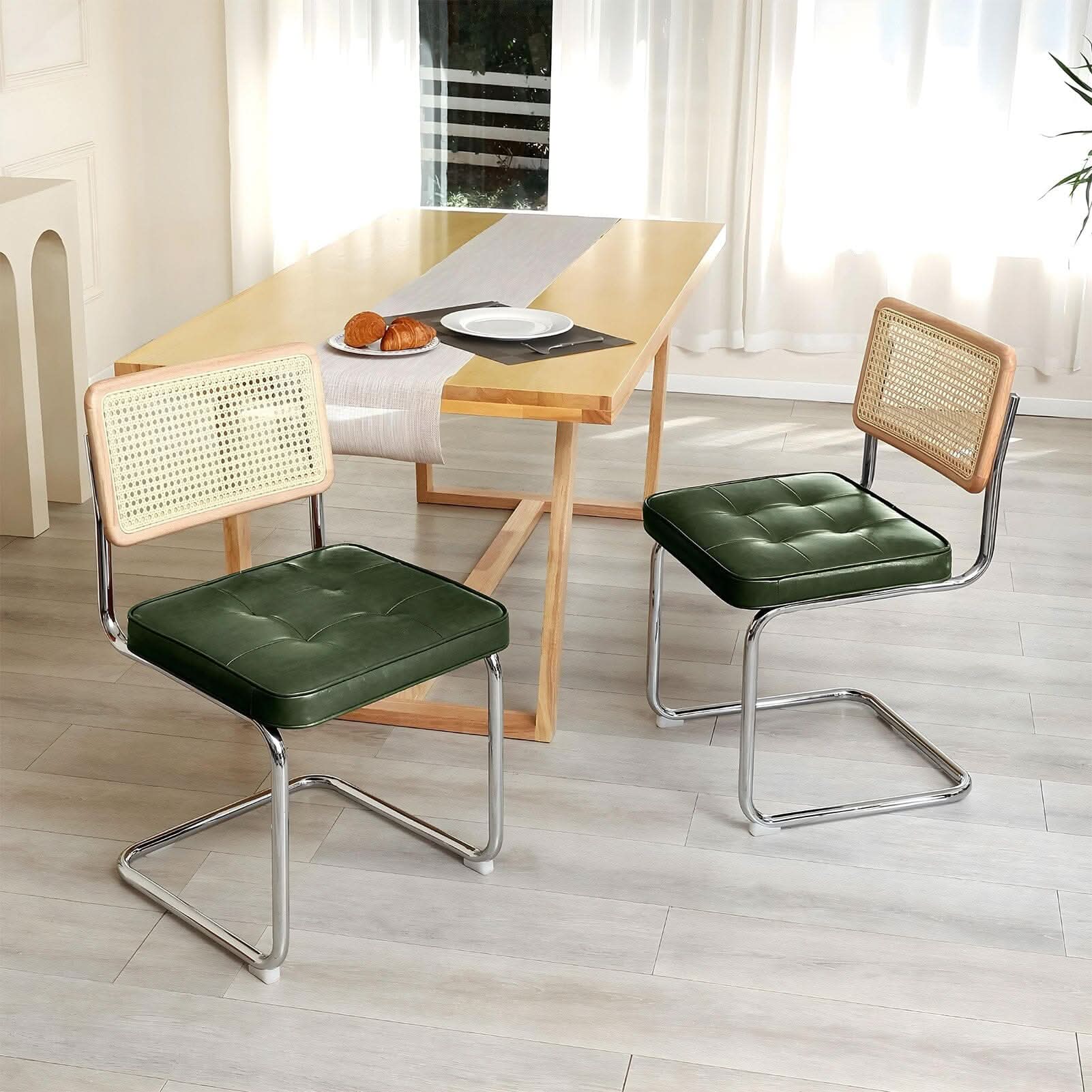 Rattan Back Dining Chair Metal Leg Pair Seating