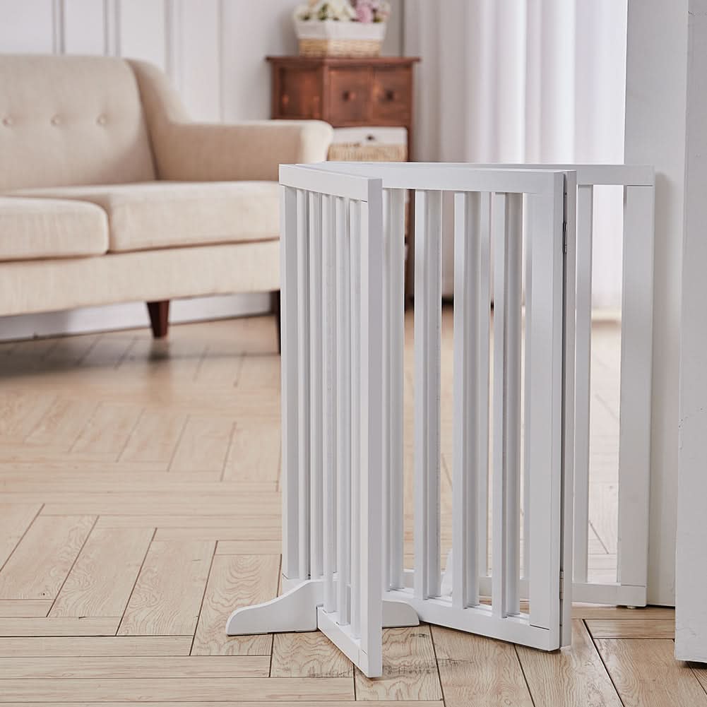 Folding Pet Gate 4 Panel Wooden Safety Gate with 360°Swivel Metal Hinges