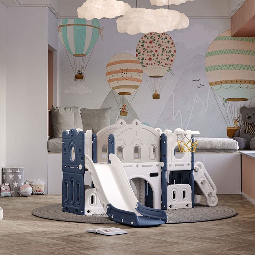 Multi-In-One Kids Playset with Slide Basket Hoop Indoor Toddler Playground