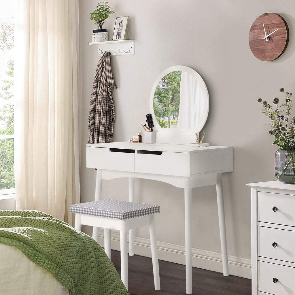 Luxurious White Vanity Table with Drawer Storage, Checkered Stool, and Round Mirror