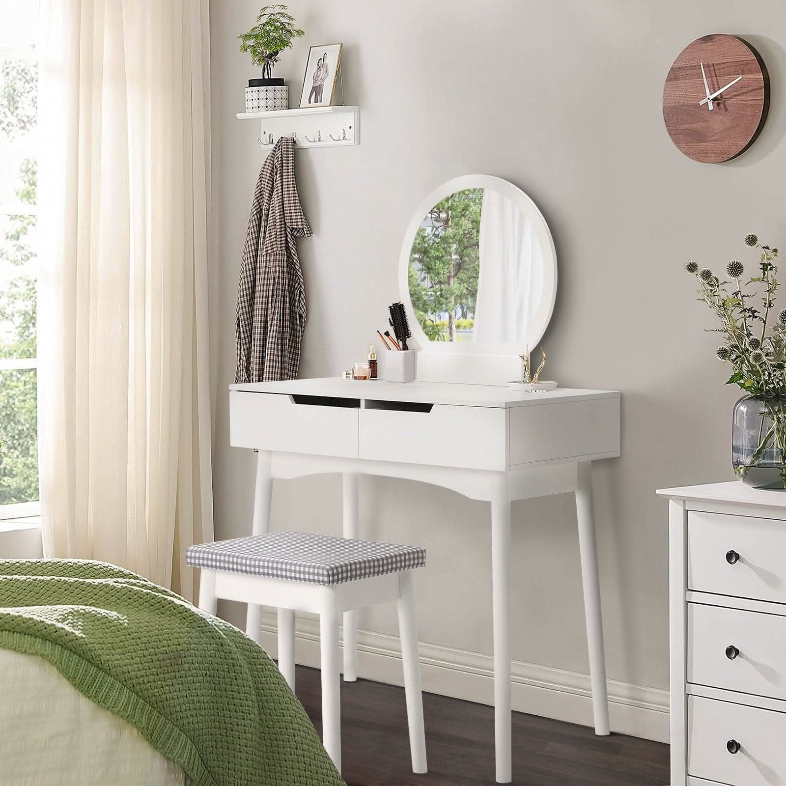 Luxurious White Vanity Table with Drawer Storage, Checkered Stool, and Round Mirror