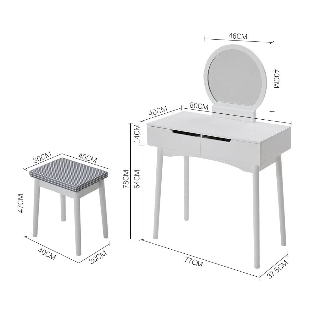 Luxurious White Vanity Table with Drawer Storage, Checkered Stool, and Round Mirror