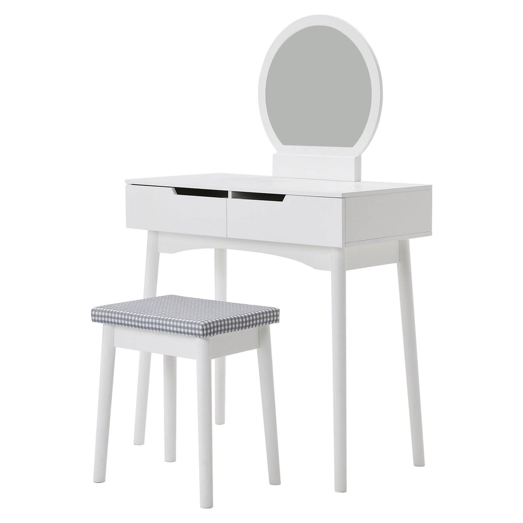 Luxurious White Vanity Table with Drawer Storage, Checkered Stool, and Round Mirror
