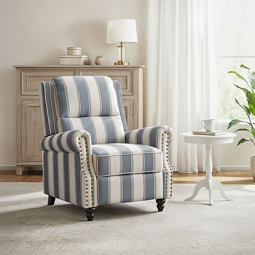 Stripe Linen Push Back Recliner Chair With Solid Wooden Legs
