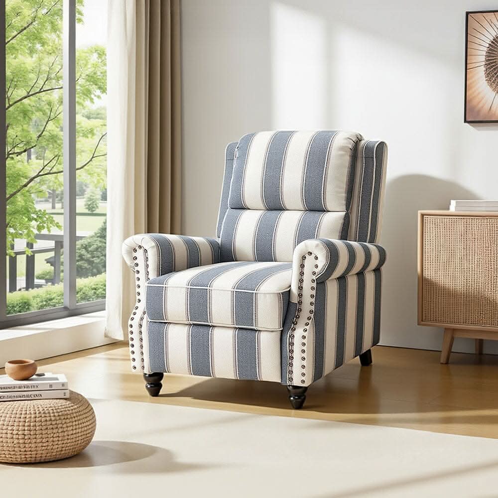 Stripe Linen Push Back Recliner Chair With Solid Wooden Legs