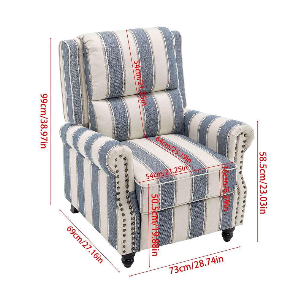 Stripe Linen Push Back Recliner Chair With Solid Wooden Legs