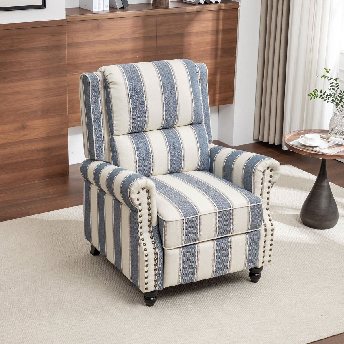 Stripe Linen Push Back Recliner Chair With Solid Wooden Legs