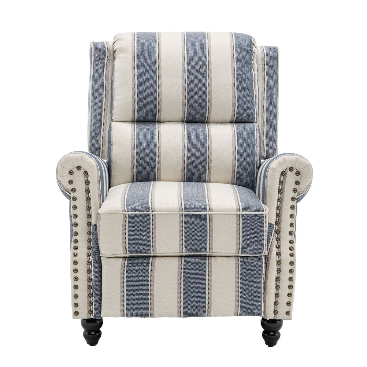 Stripe Linen Push Back Recliner Chair With Solid Wooden Legs