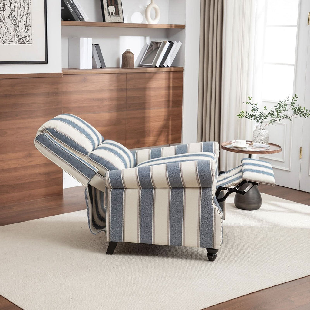 Stripe Linen Push Back Recliner Chair With Solid Wooden Legs