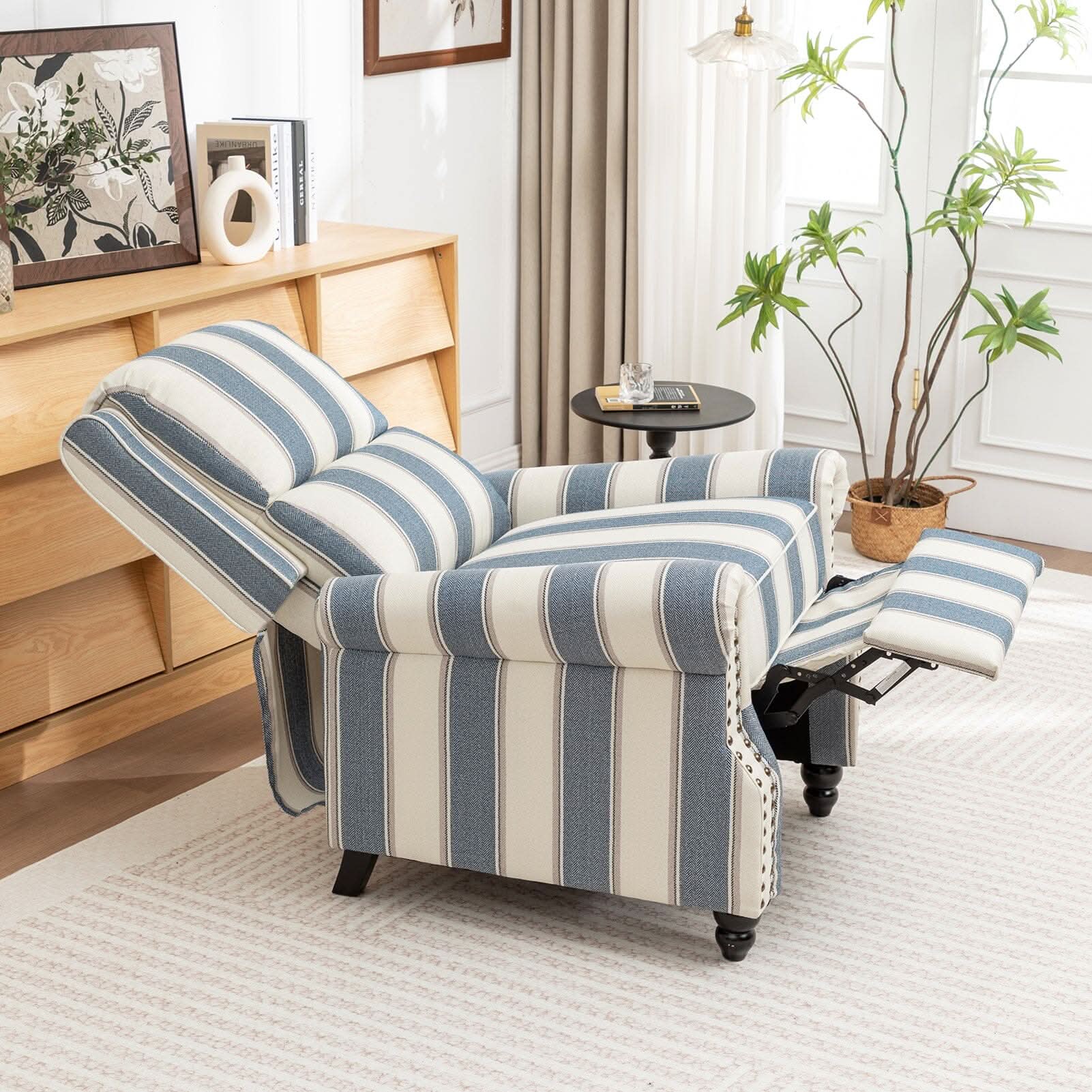 Stripe Linen Push Back Recliner Chair With Solid Wooden Legs