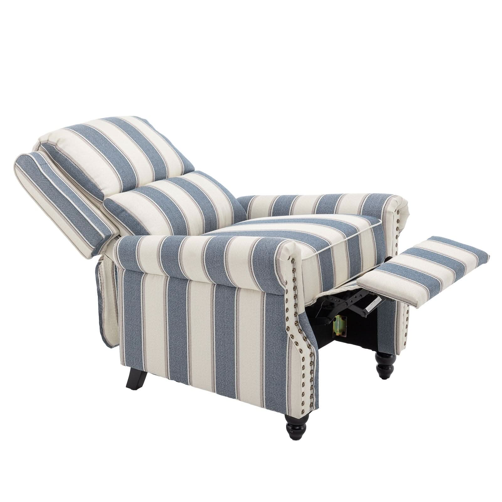 Stripe Linen Push Back Recliner Chair With Solid Wooden Legs
