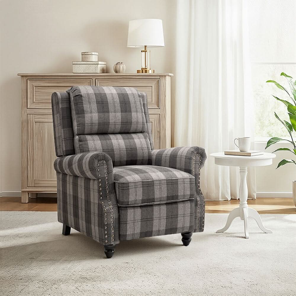 Stripe Linen Push Back Recliner Chair With Solid Wooden Legs