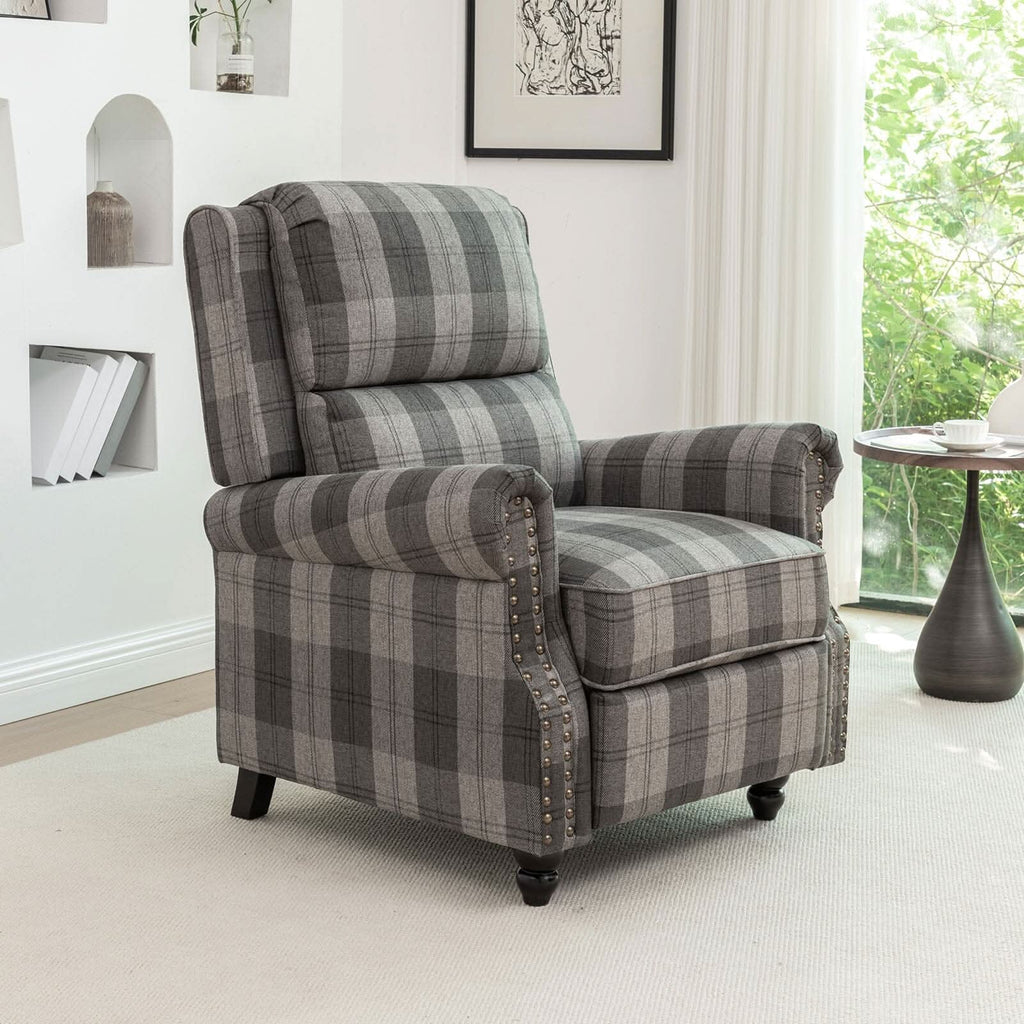 Stripe Linen Push Back Recliner Chair With Solid Wooden Legs