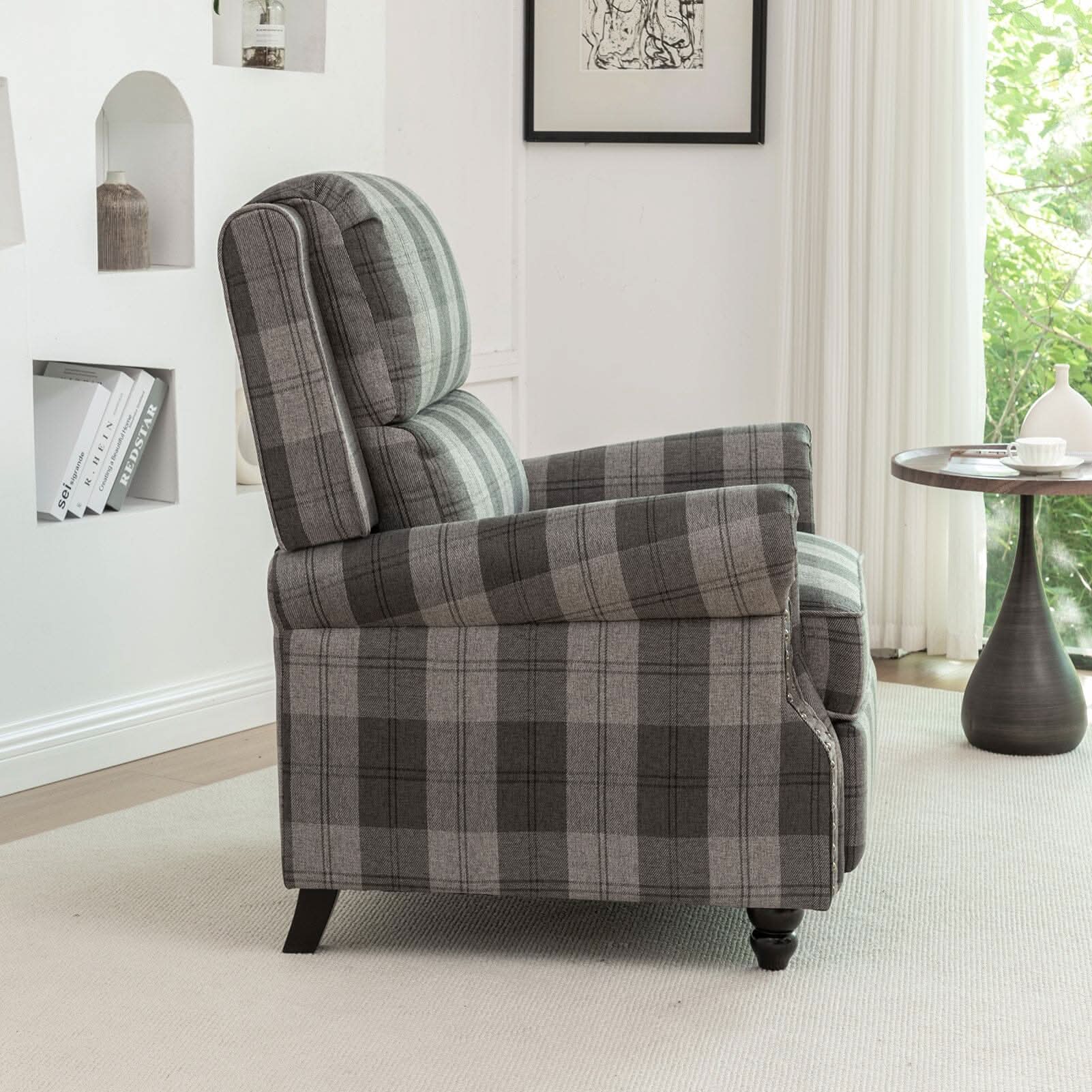Stripe Linen Push Back Recliner Chair With Solid Wooden Legs