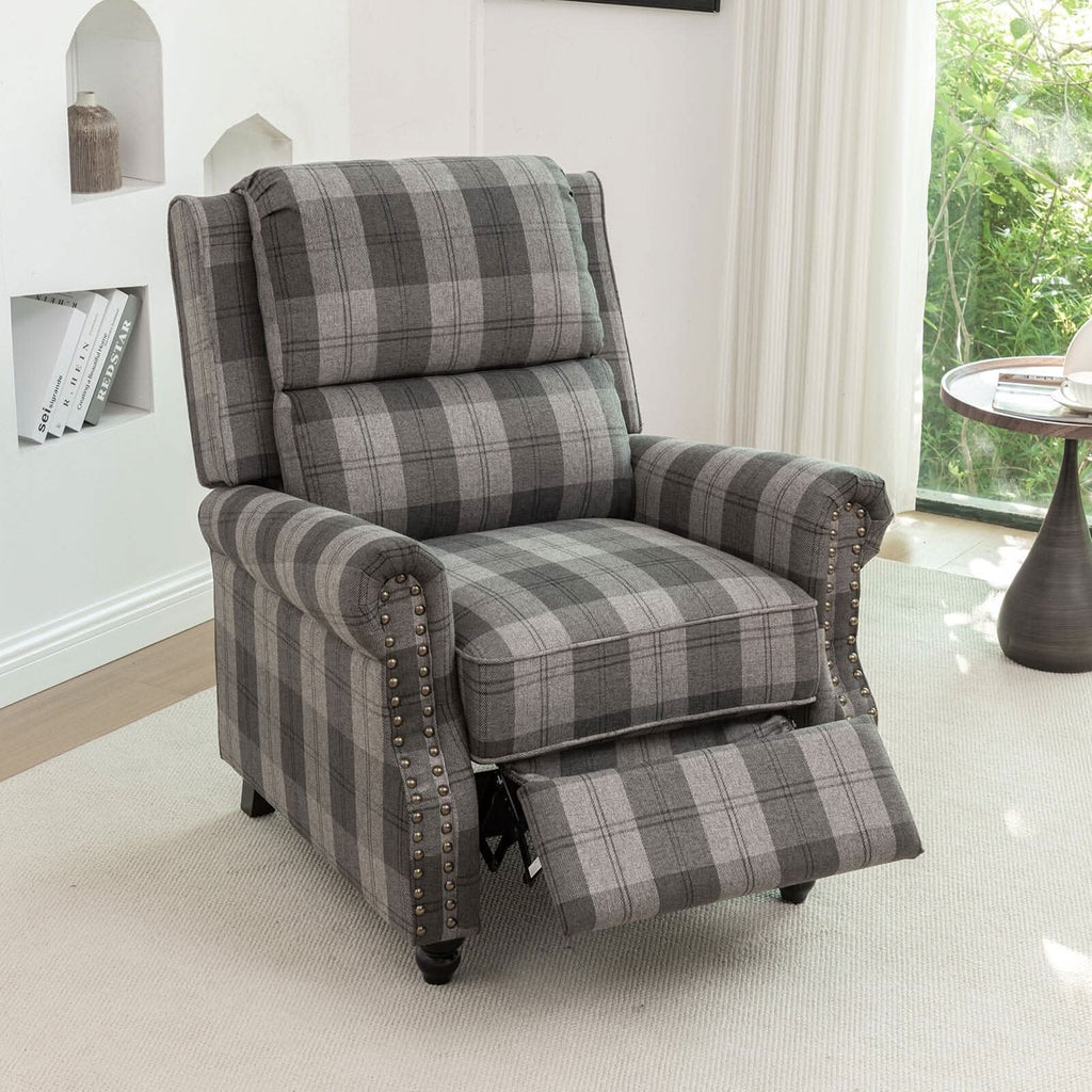 Stripe Linen Push Back Recliner Chair With Solid Wooden Legs