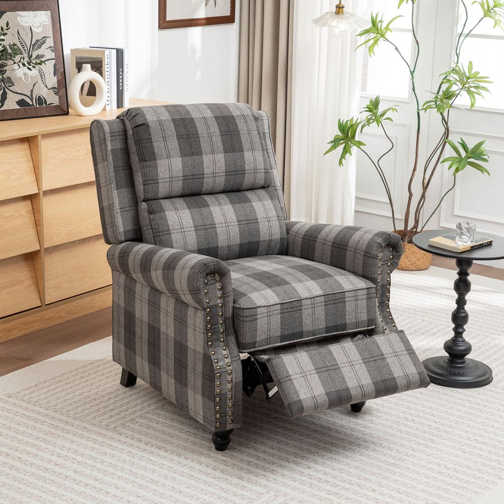 Stripe Linen Push Back Recliner Chair With Solid Wooden Legs