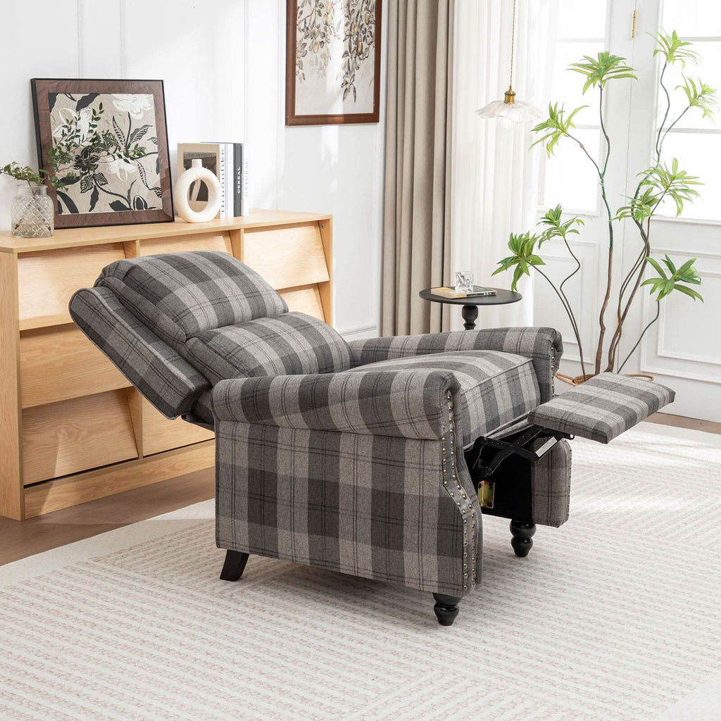 Stripe Linen Push Back Recliner Chair With Solid Wooden Legs