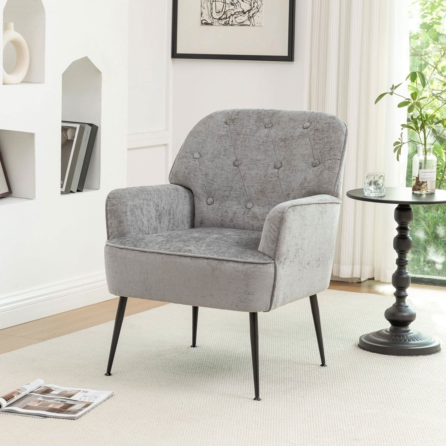 Chenille Accent Chair with Metal Legs & Quick Pin Assembly