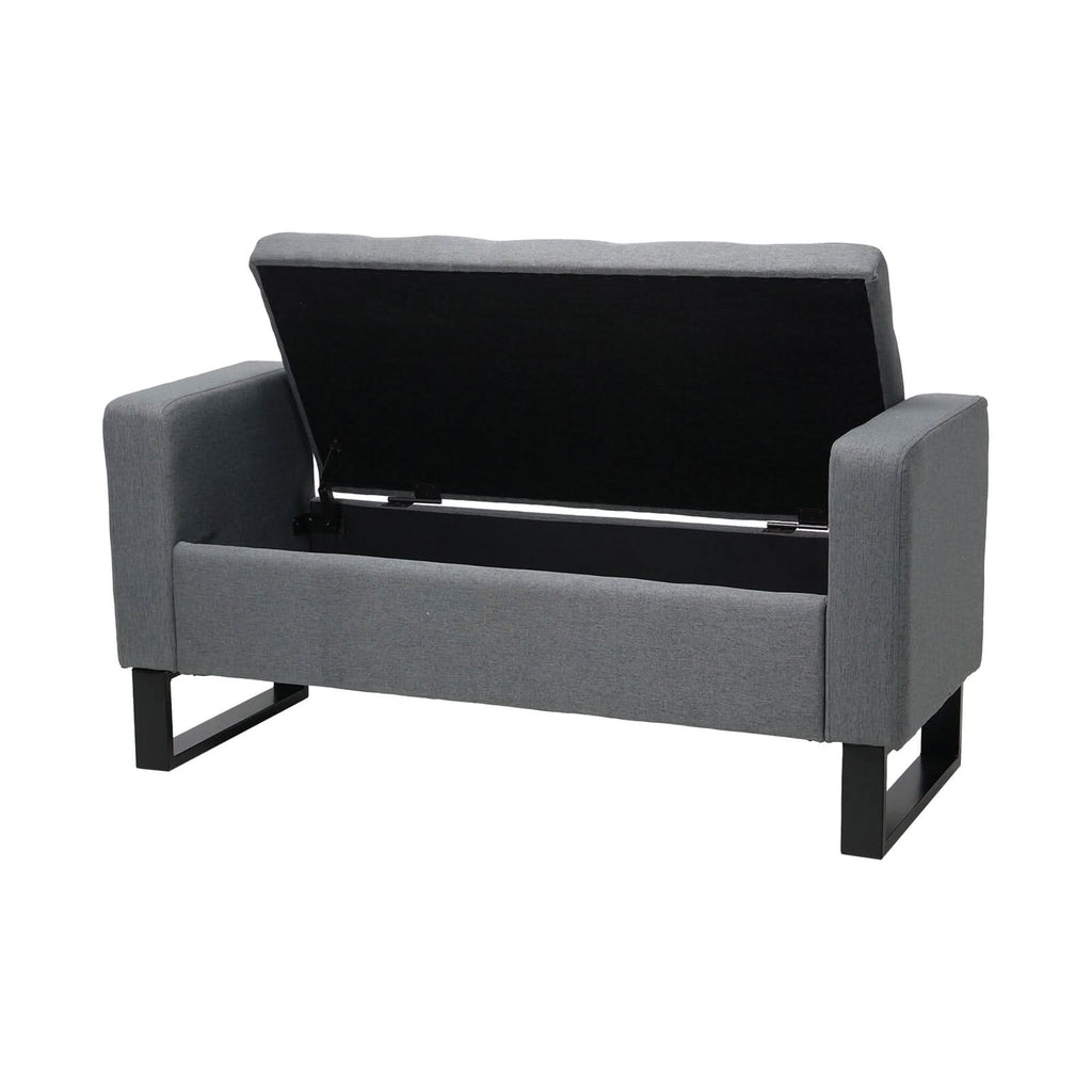 Grey Linen Storage Bench with Lift Up Seat and Iron Base