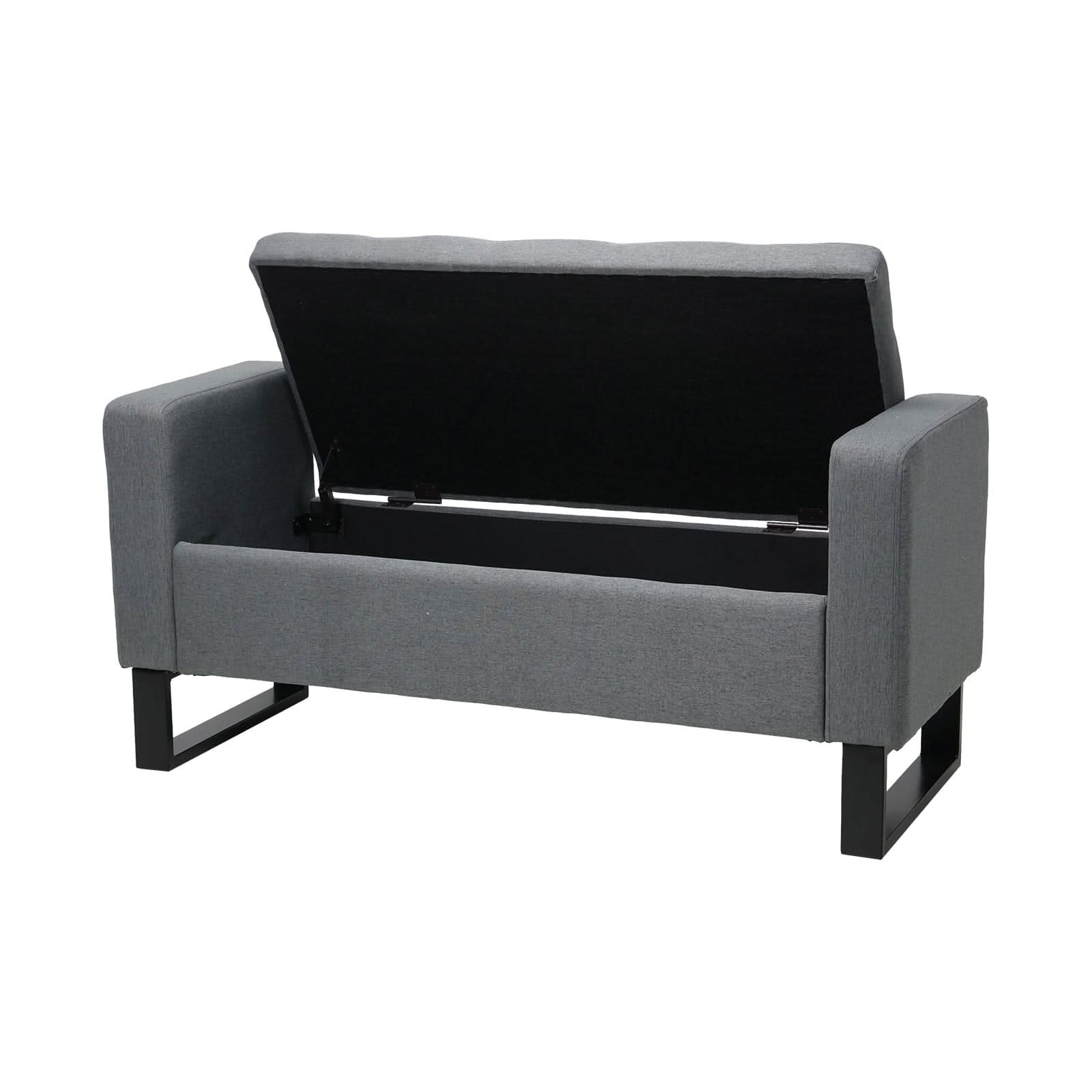 Grey Linen Storage Bench with Lift Up Seat and Iron Base