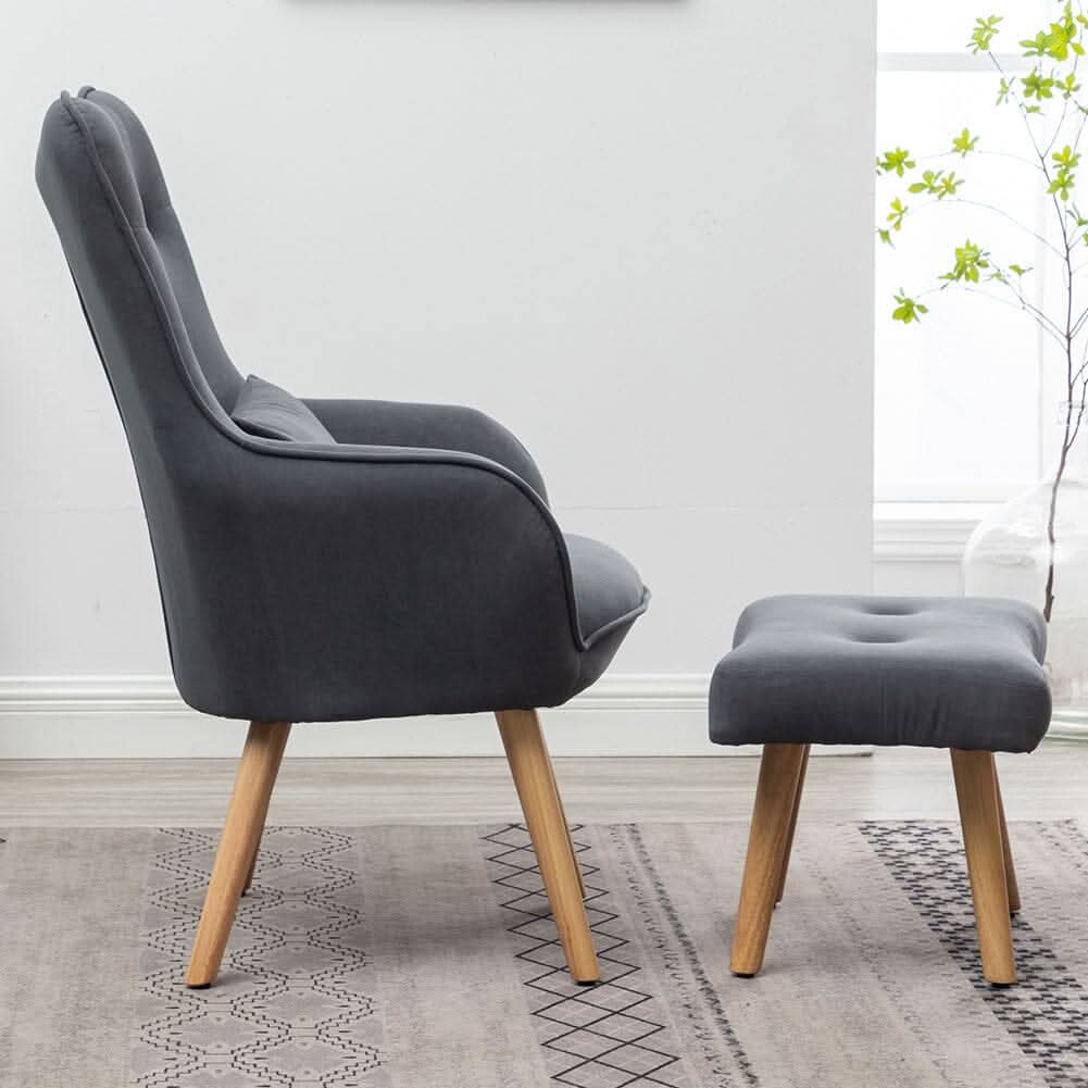Scalloped Velvet Accent Chair with Ottoman & Button Tufting