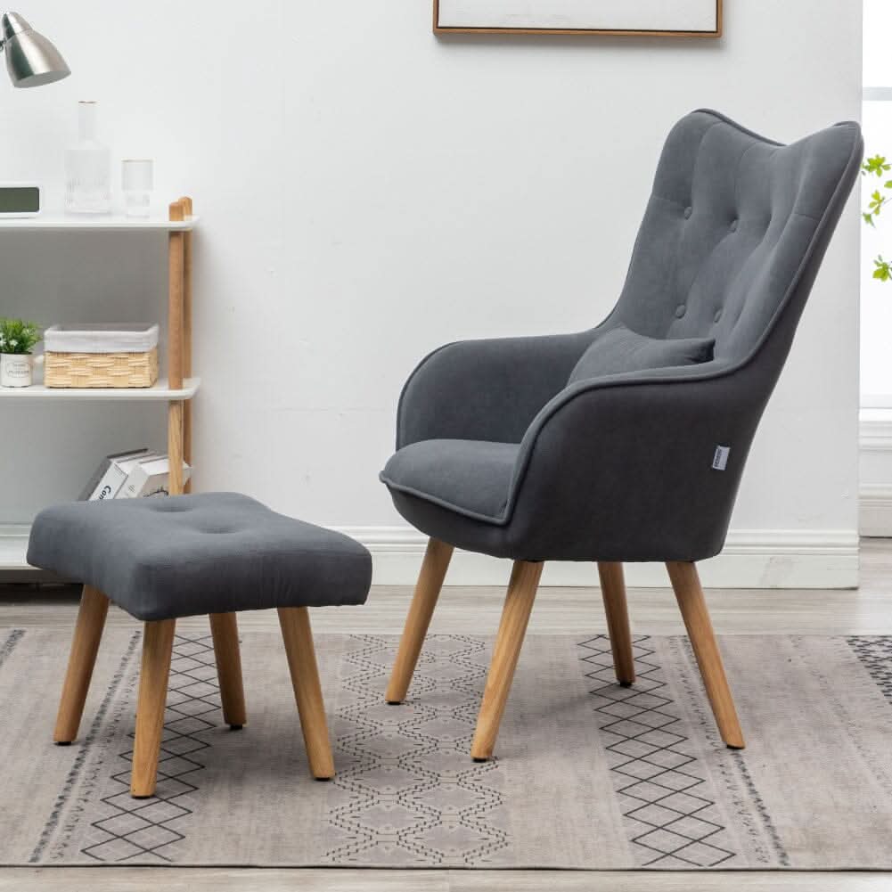 Scalloped Velvet Accent Chair with Ottoman & Button Tufting