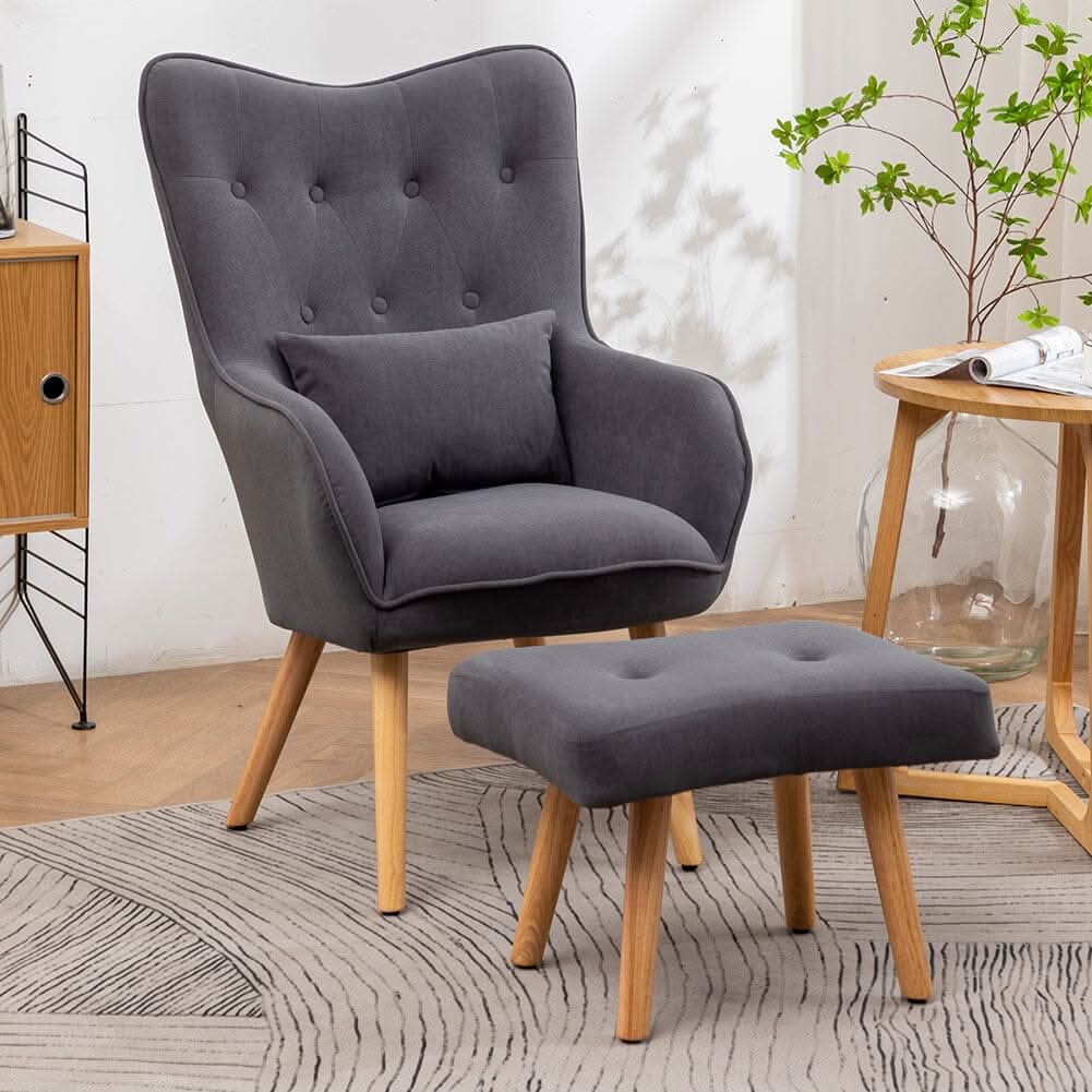 Scalloped Velvet Accent Chair with Ottoman & Button Tufting