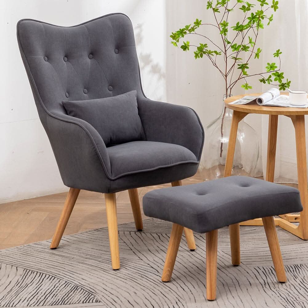 Scalloped Velvet Accent Chair with Ottoman & Button Tufting