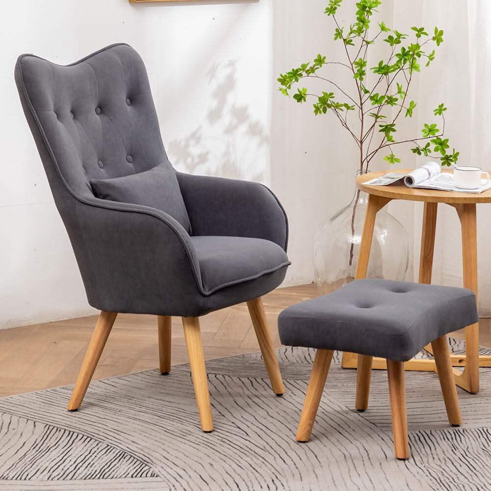 Scalloped Velvet Accent Chair with Ottoman & Button Tufting